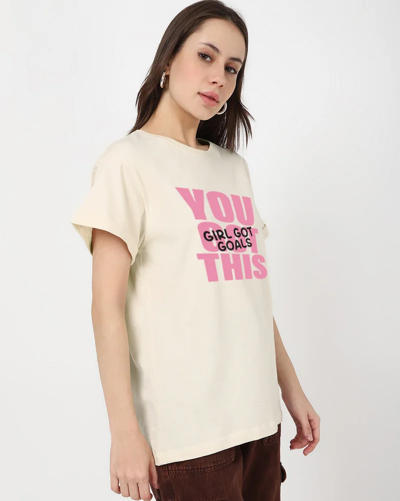 بيواكوف Women's Beige Goals Typography Boyfriend T-shirt